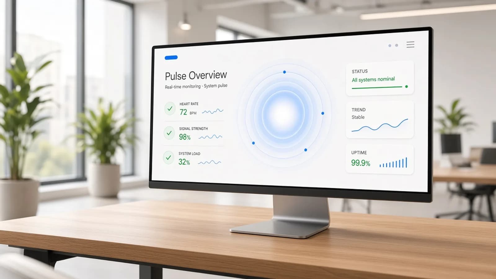 Helles Studio mit Security-Dashboard auf dem Ultrawide-Monitor