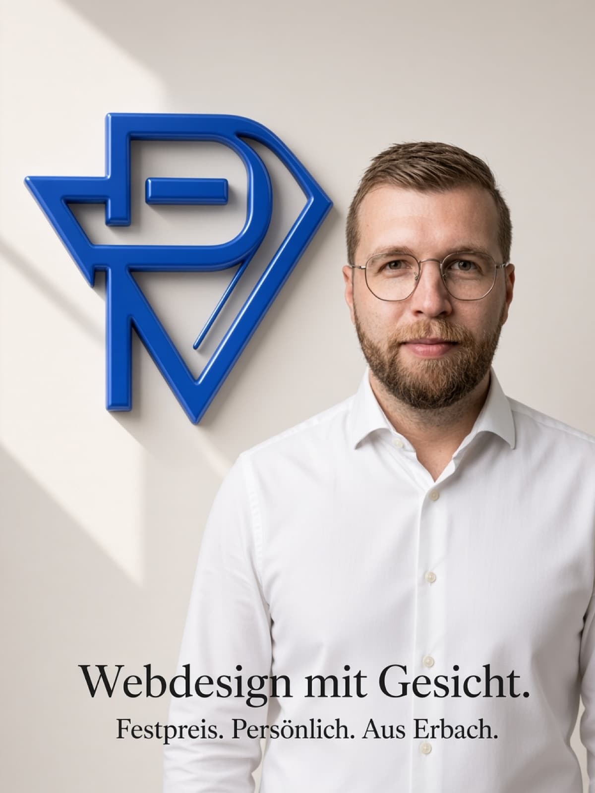 Kevin Münch mit Progvision Logo. Webdesign mit Gesicht. Festpreis. Persönlich. Aus Erbach.