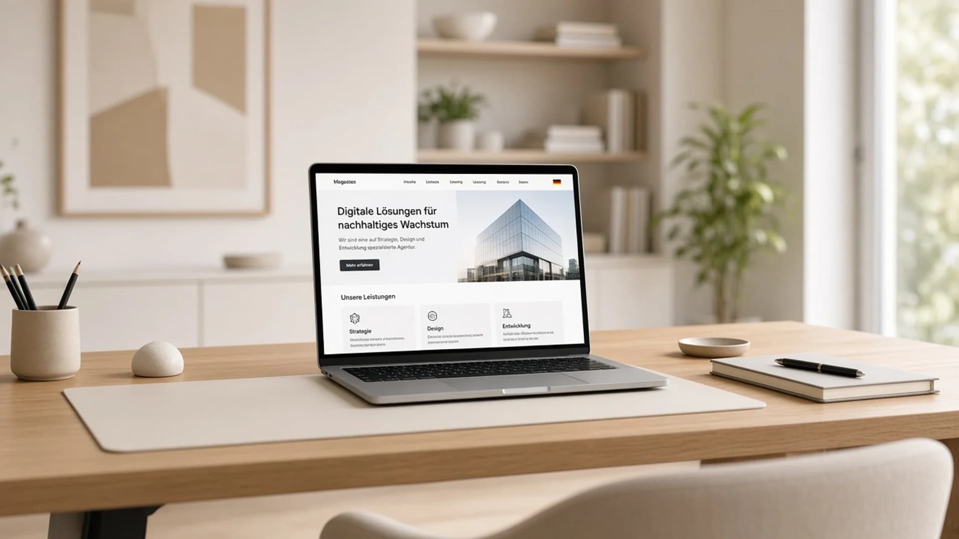 Helles Studio mit Laptop und frisch gelaunchter Unternehmenswebsite