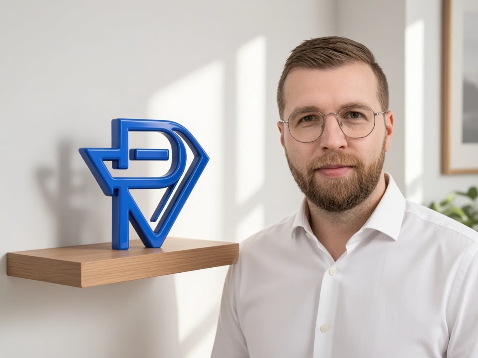 Kevin Münch neben dem Progvision Logo auf einem Regal