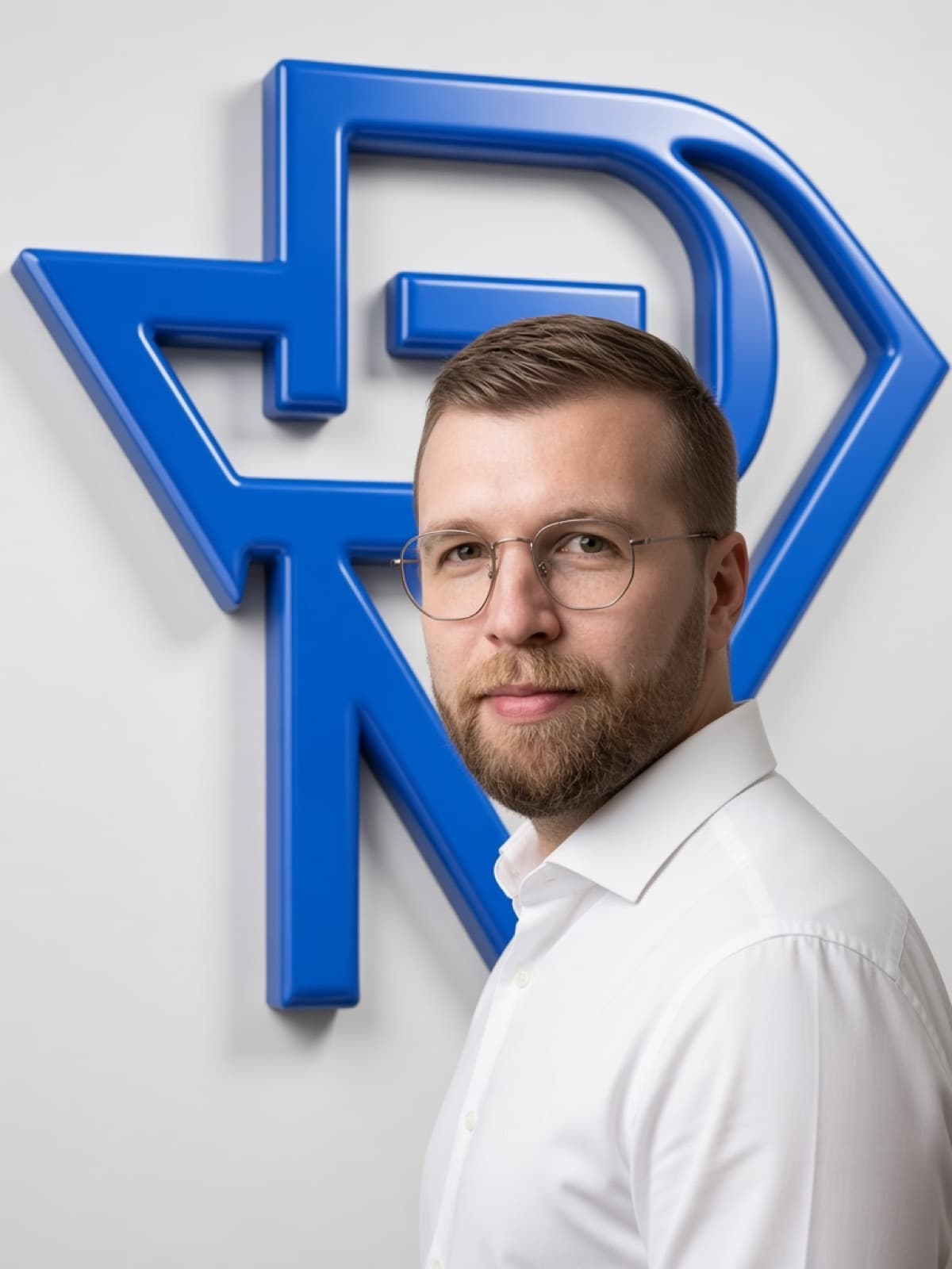 Kevin Münch vor dem blauen Progvision Logo an der Wand