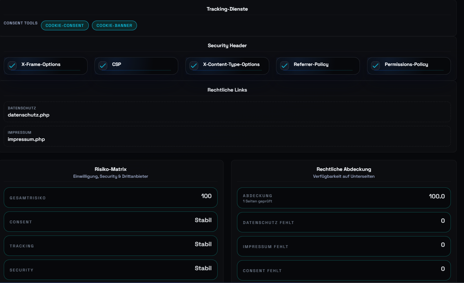 Rechtliche Abdeckung & Security Header Screenshot
