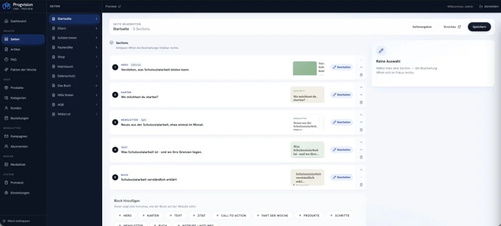 Progvision CMS Seiten-Editor mit Blöcken und Vorschau