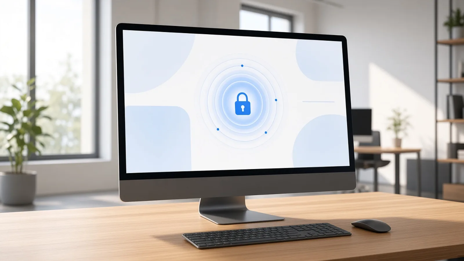 Monitor mit klarer Sicherheits-Hinweis-Oberfläche statt Live-Website