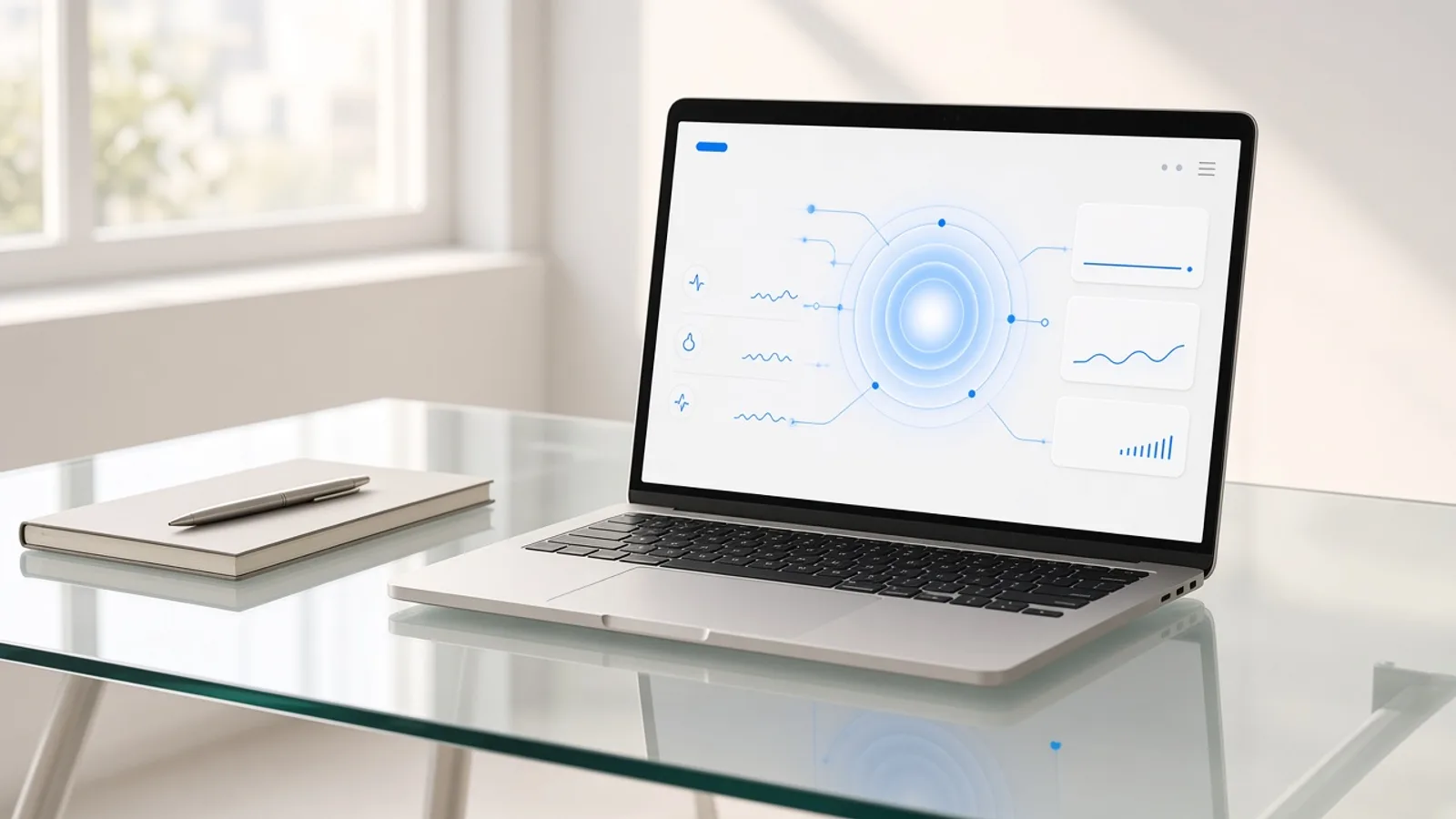 Laptop mit Netzwerk-Analyse im hellen Studio