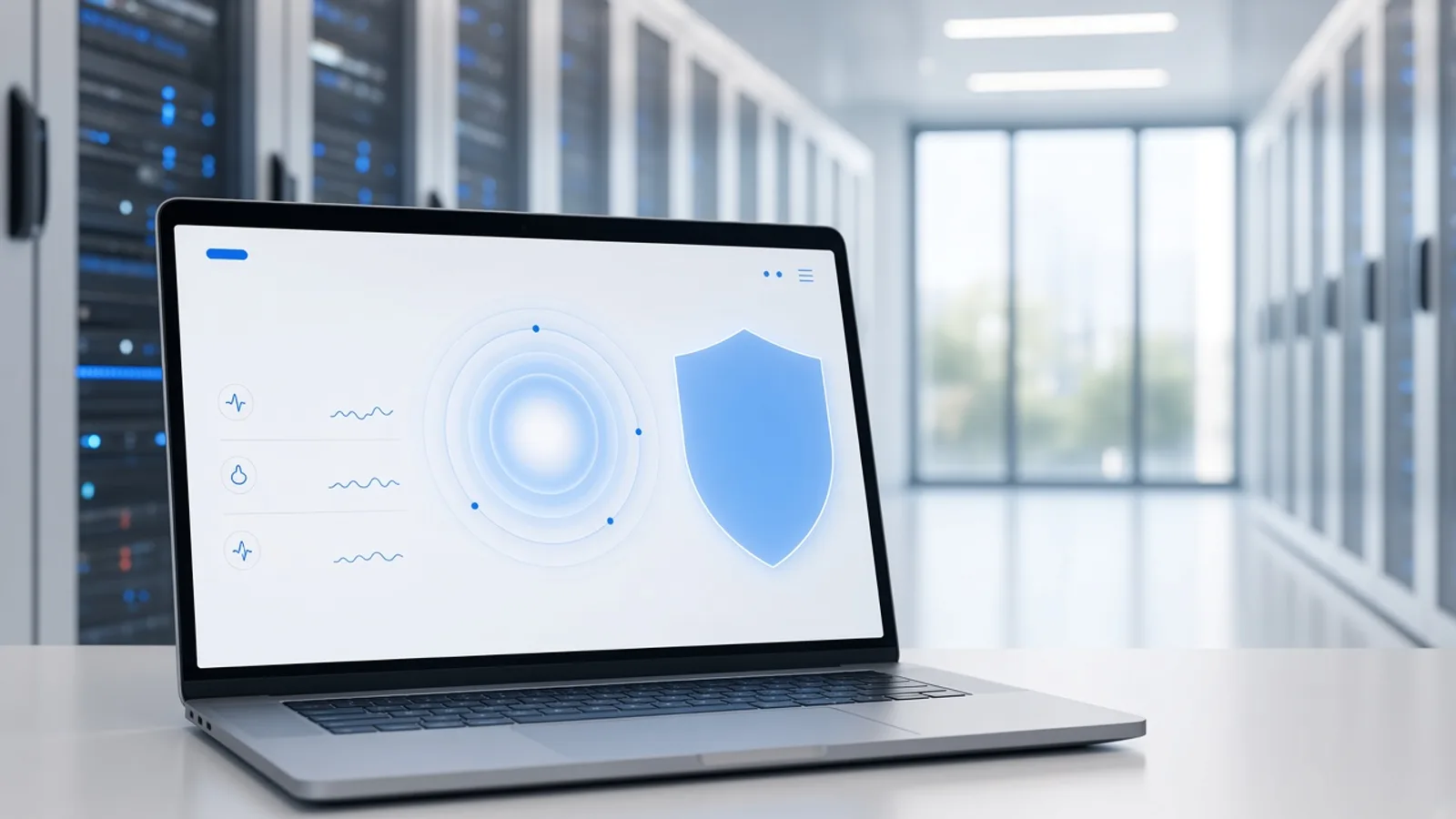 Serverraum mit Laptop und Schutzstatus auf dem Display
