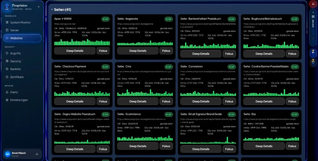Progvision Monitor: Seiten-Raster mit Live-Checks, Uptime und SSL-Status