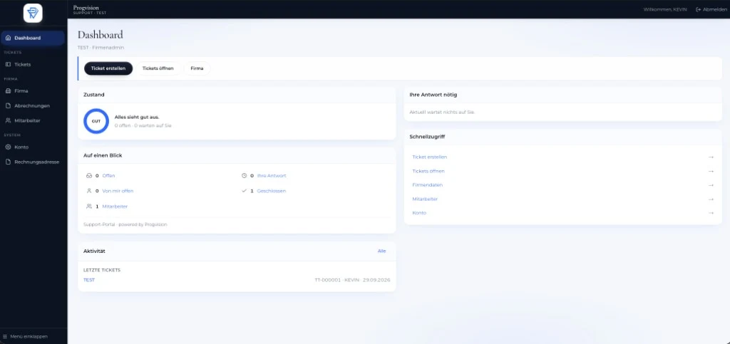 Progvision Ticket-Portal Dashboard mit Status und Aktivität
